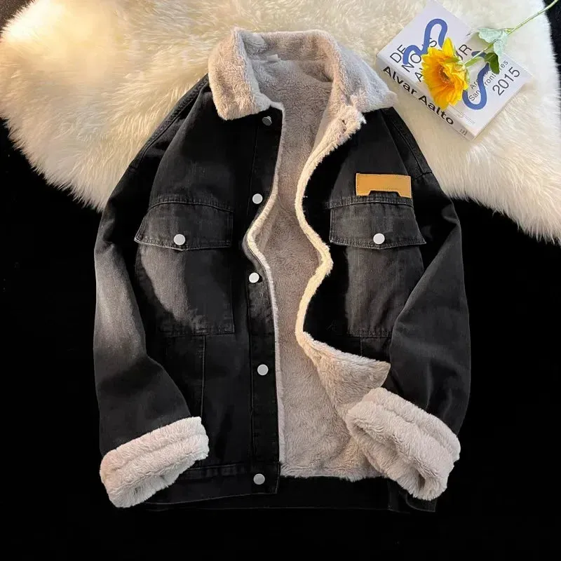 Aidase Thick Warm Lamb Fleece Lined Denim Jacket Men Winter Windbreaker Jackets Outwear Jeans Coats Male Multi-pockets Cowboy Clothing