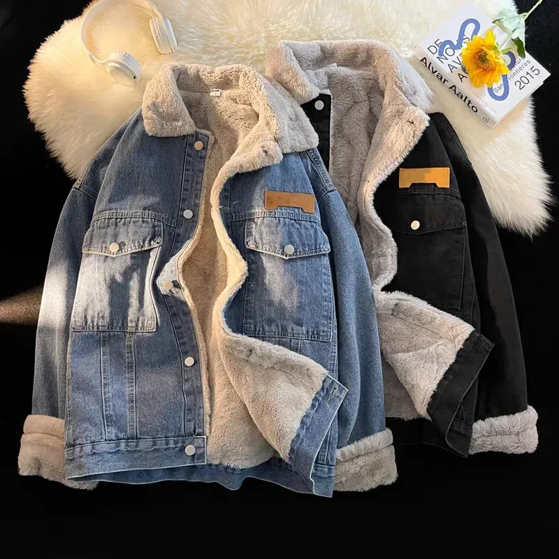 Aidase Thick Warm Lamb Fleece Lined Denim Jacket Men Winter Windbreaker Jackets Outwear Jeans Coats Male Multi-pockets Cowboy Clothing