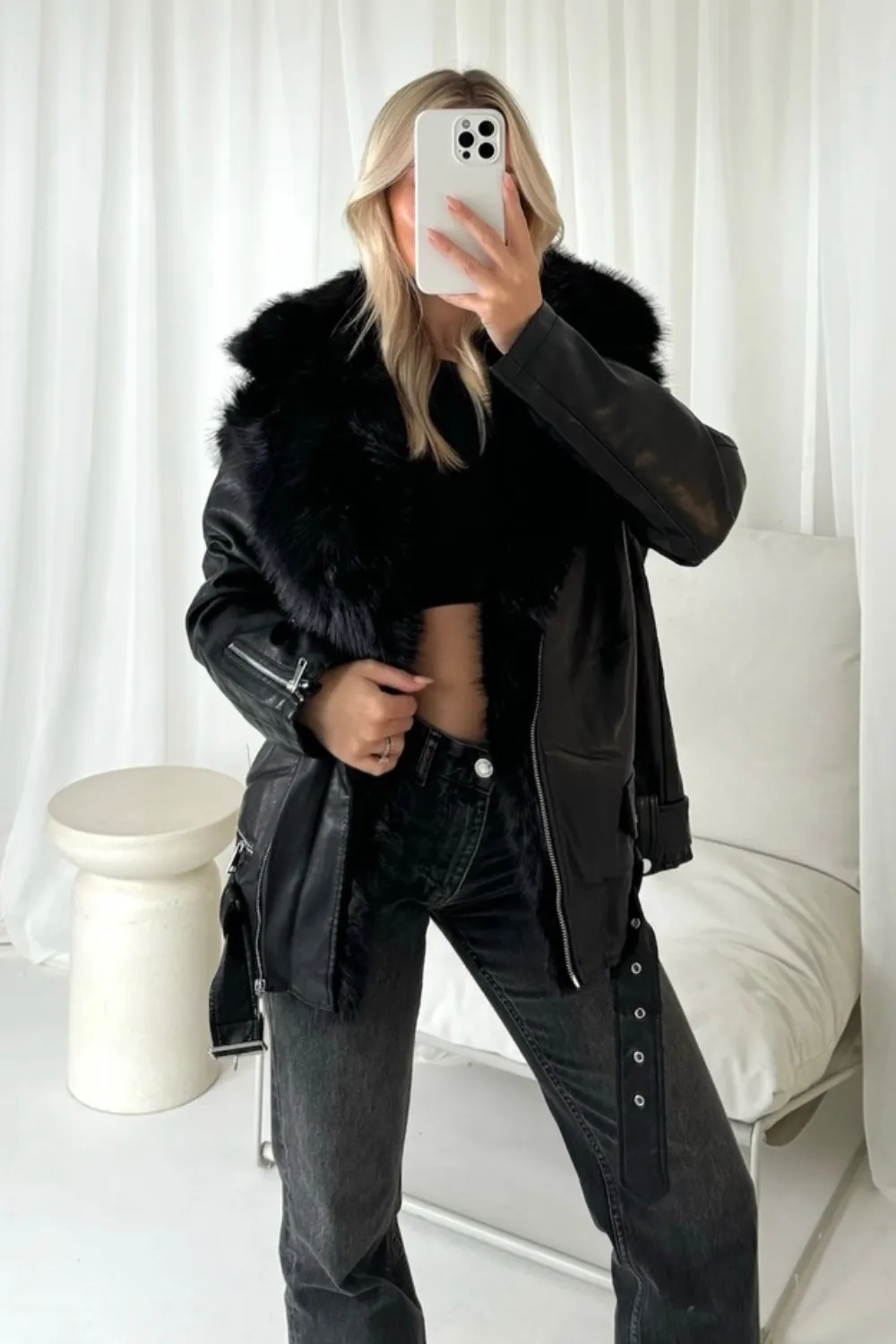 Alexis black faux fur and PU leather jacket