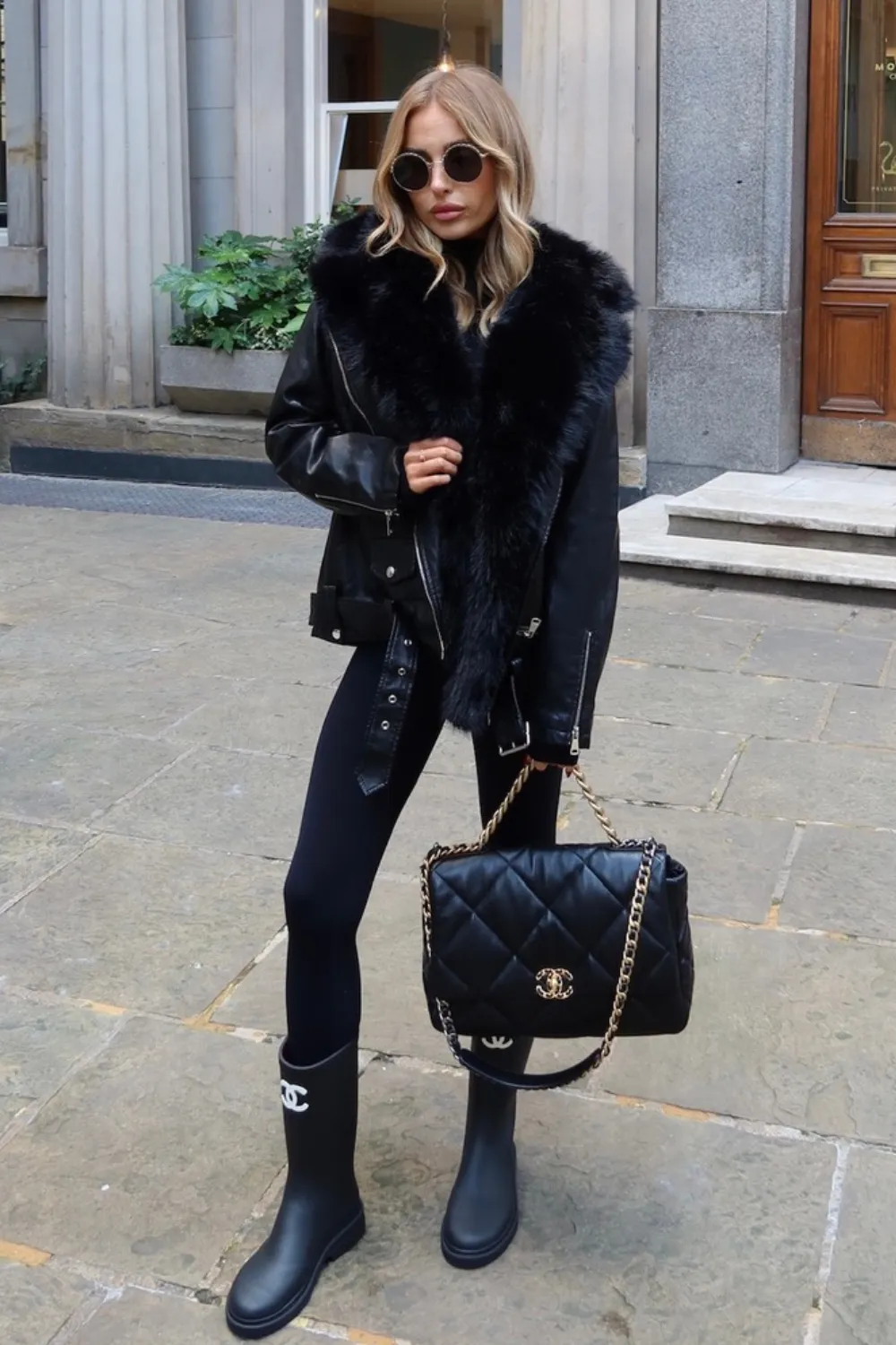 Alexis black faux fur and PU leather jacket