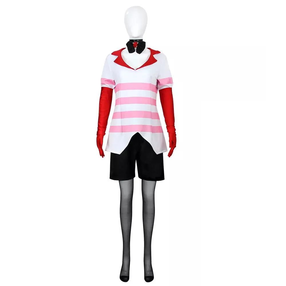 Angel Dust Costume Hazbin Hotel Cosplay Outfit Angel Striped Sweatshirt Shorts Gloves Full Set for Adult