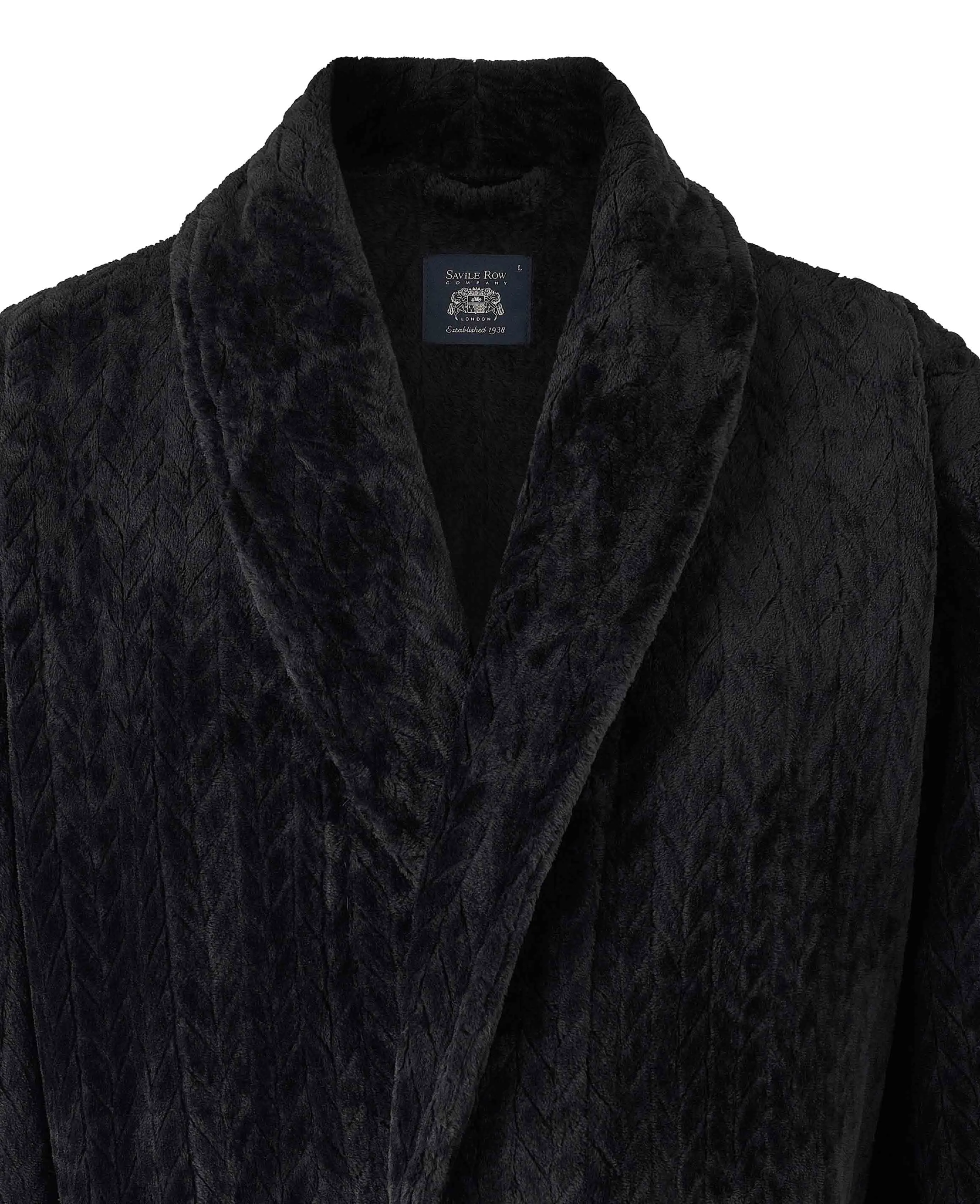 Black Herringbone Fleece Dressing Gown