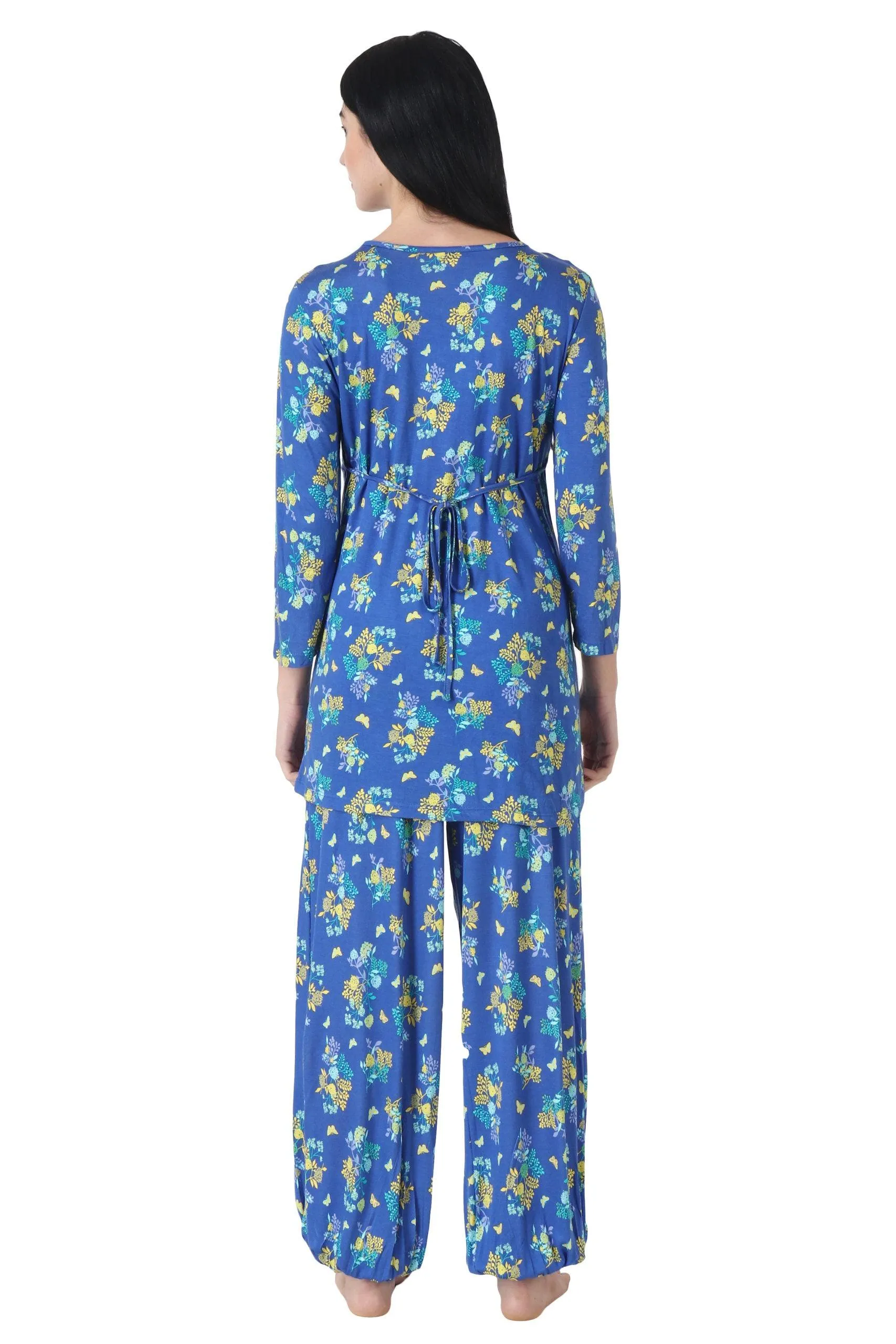 Blue Floral Printed Night Suit Set with Harem Pants