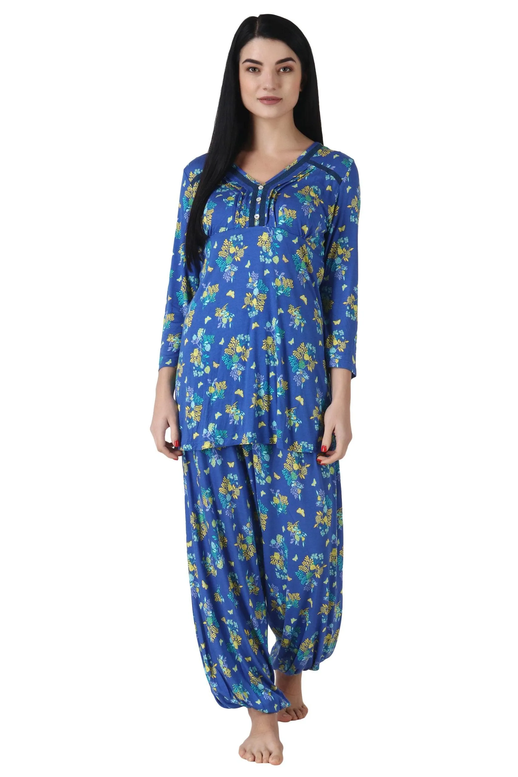 Blue Floral Printed Night Suit Set with Harem Pants