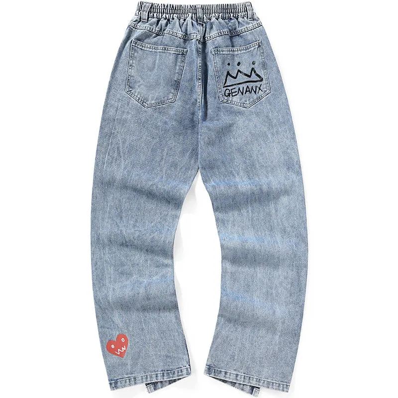 Blue Graffiti High Street Split Straight Jeans