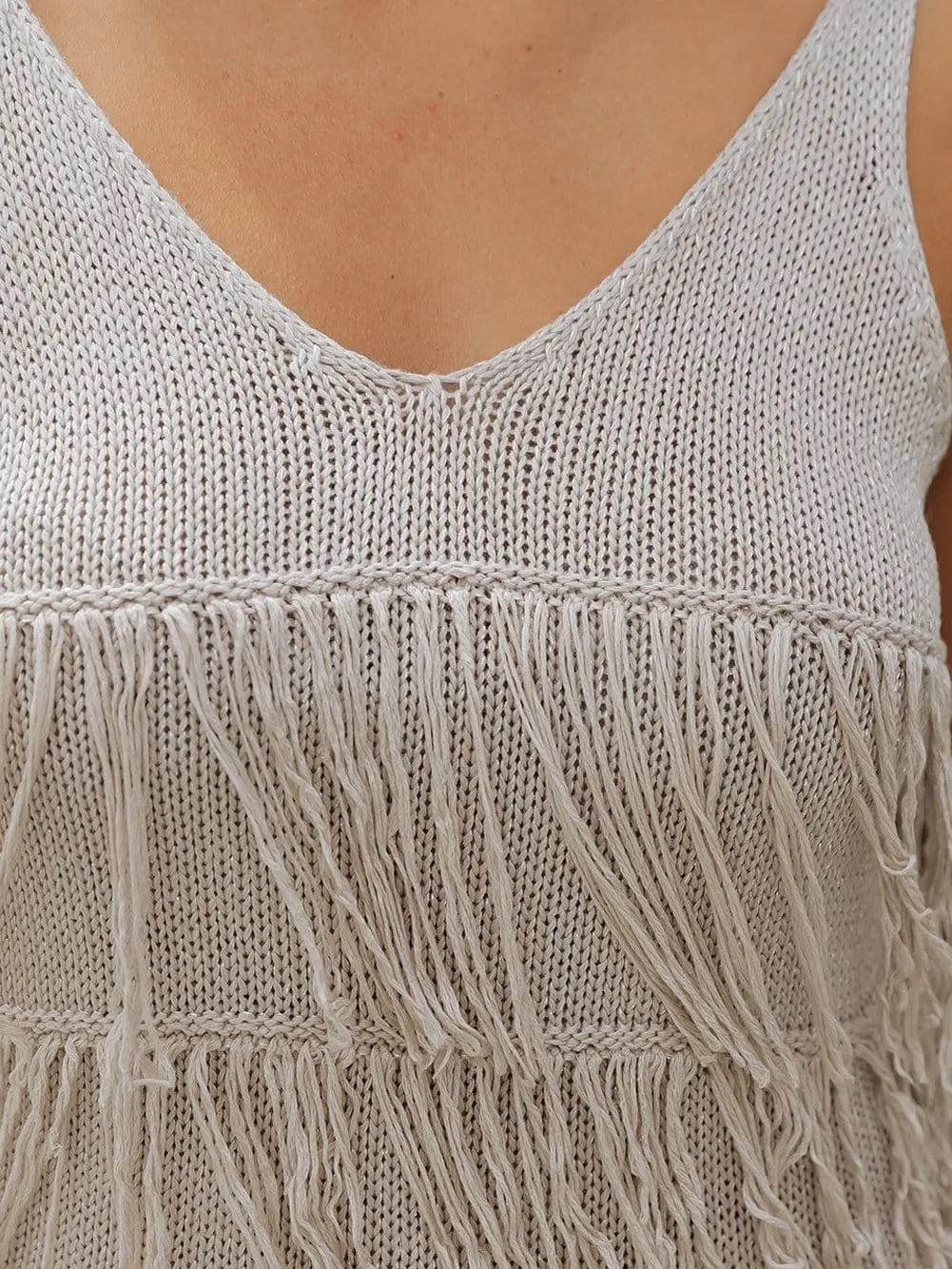 Boho-Chic Parchment Fringed Knit Vest