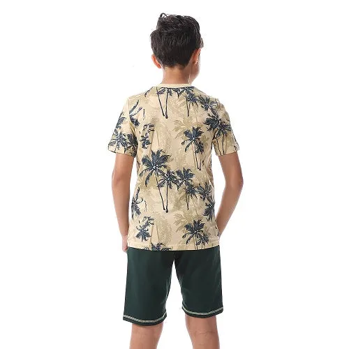 Boys Palm Tree Tee & Shorts Pajama Set - Yellow & Beige