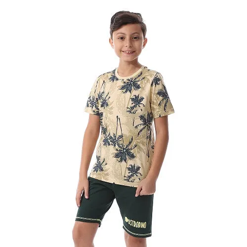 Boys Palm Tree Tee & Shorts Pajama Set - Yellow & Beige