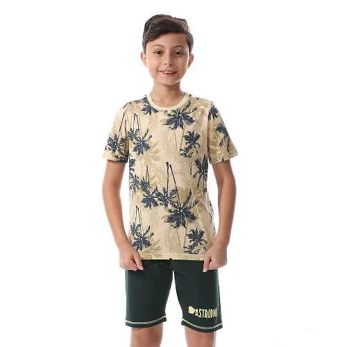 Boys Palm Tree Tee & Shorts Pajama Set - Yellow & Beige