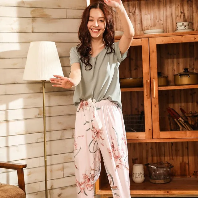 Breathable 2PCS Pajama Short Sleeve Printed Pijama Mujer Femme Loose Nightwear Suit Female Casual Homewear Pajama Set For Women