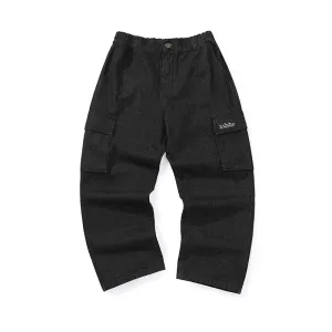 Cargo pockets graffiti labeled stretch waistband loose straight leg jeans