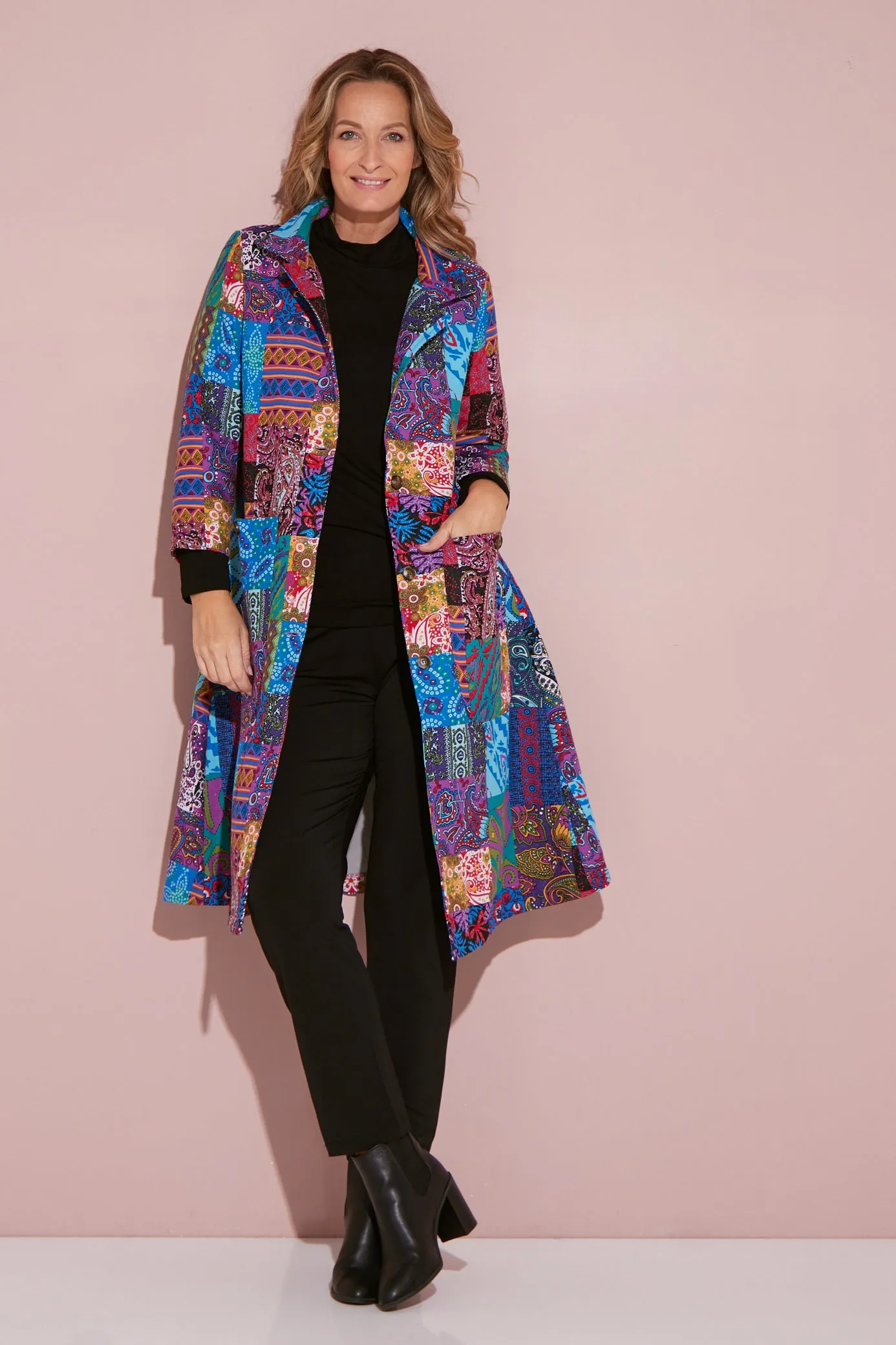 Carlton 3/4 Sleeve Fleece Lined Coat - Blue Patchwork