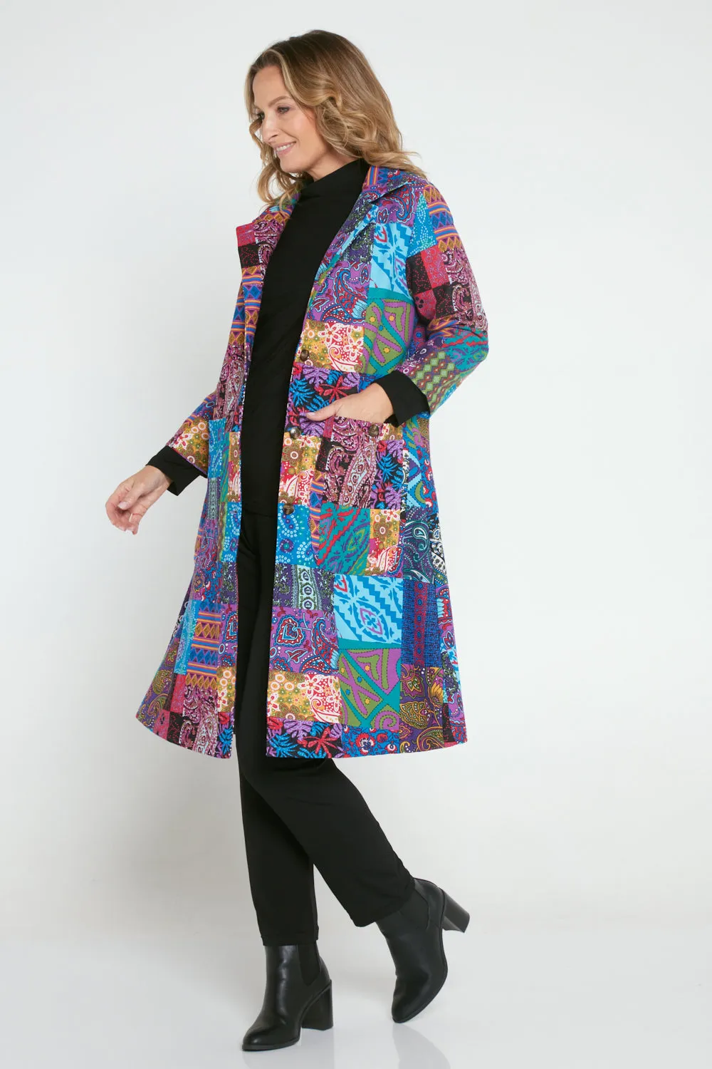 Carlton 3/4 Sleeve Fleece Lined Coat - Blue Patchwork