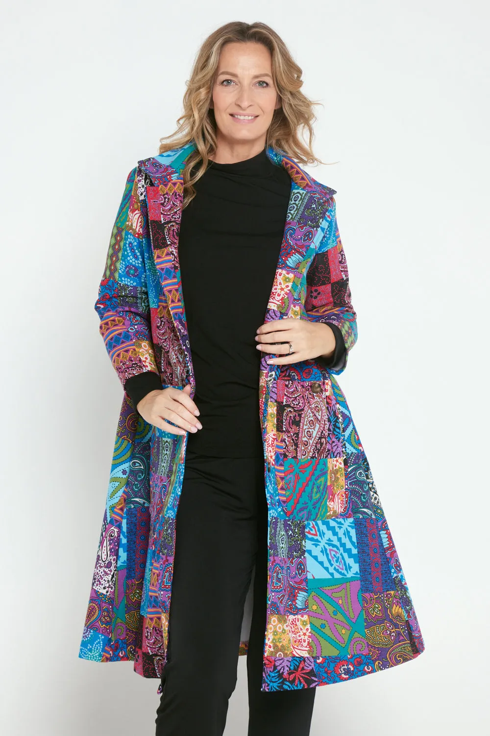 Carlton 3/4 Sleeve Fleece Lined Coat - Blue Patchwork