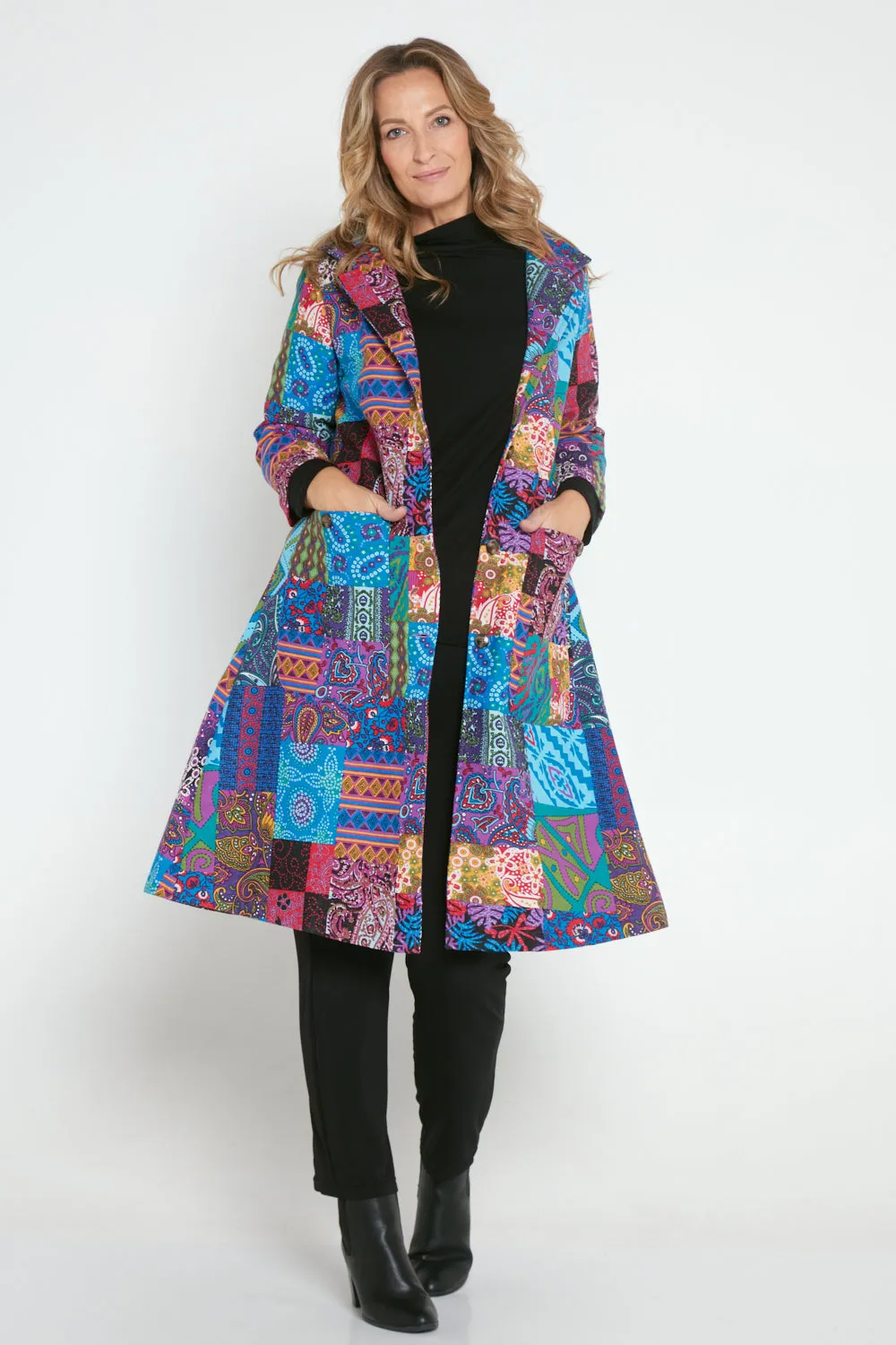 Carlton 3/4 Sleeve Fleece Lined Coat - Blue Patchwork