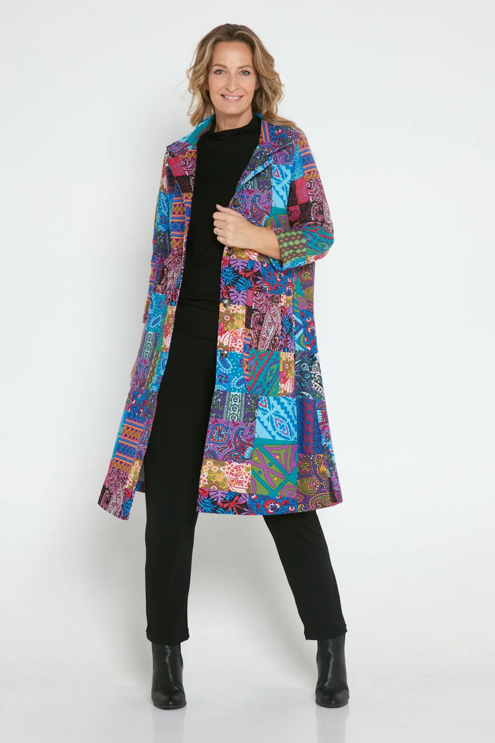 Carlton 3/4 Sleeve Fleece Lined Coat - Blue Patchwork