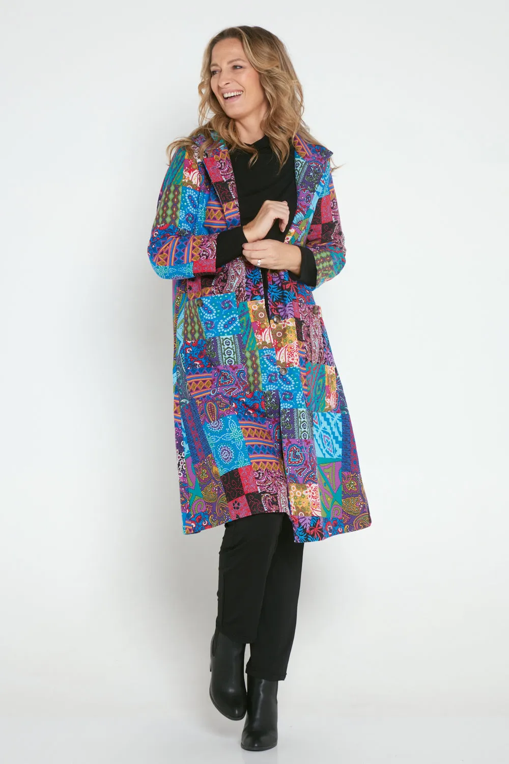 Carlton 3/4 Sleeve Fleece Lined Coat - Blue Patchwork