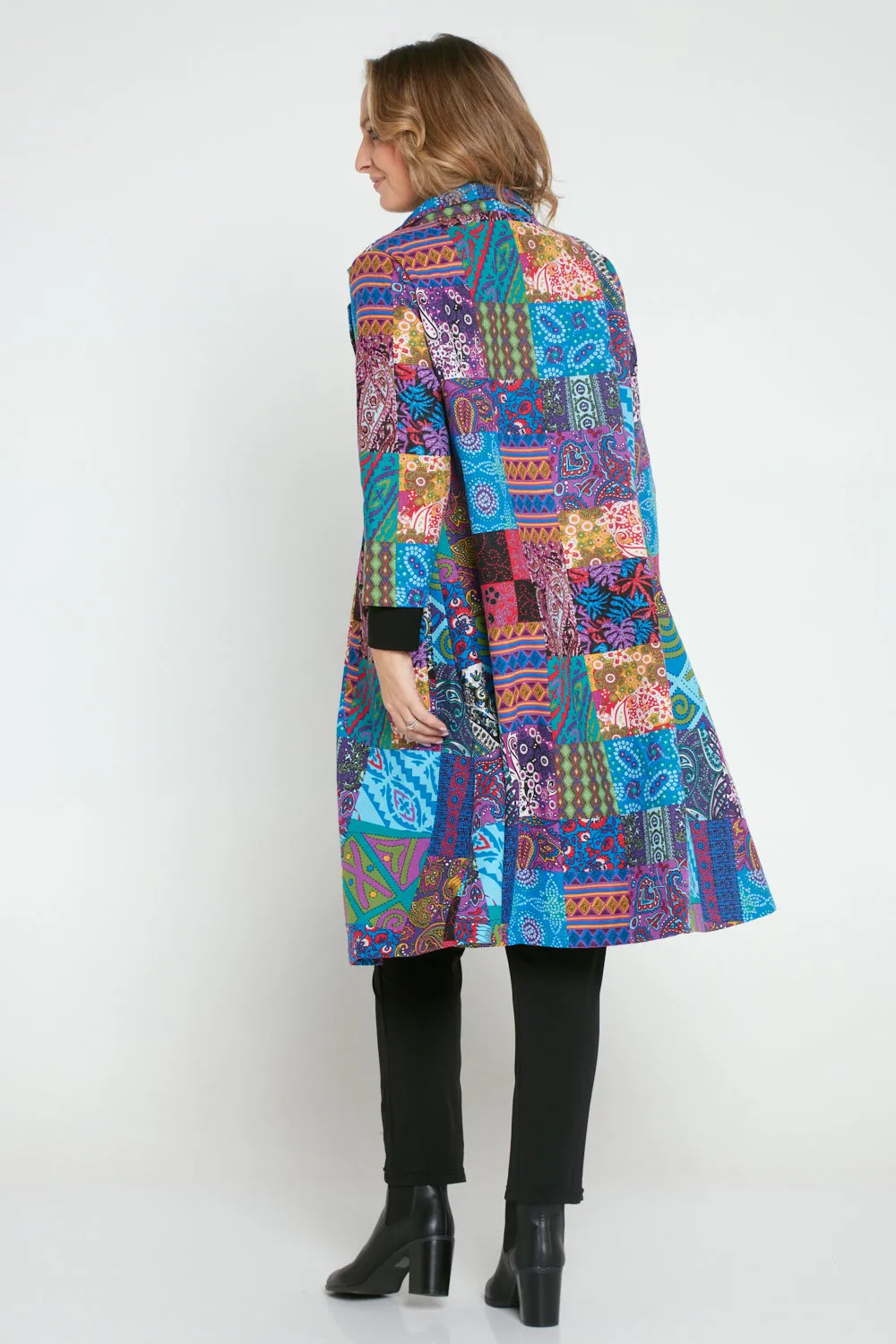 Carlton 3/4 Sleeve Fleece Lined Coat - Blue Patchwork