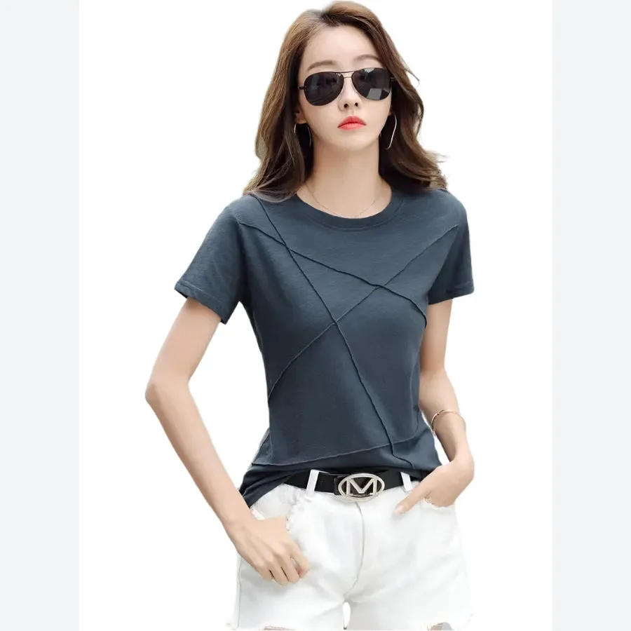 Casual Geometric Stitch Short-Sleeve Tops