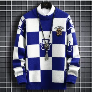 Checkered Pattern with Bear Embroidery Sweater