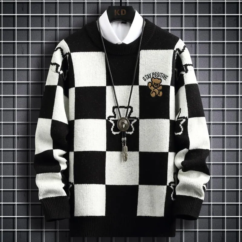 Checkered Pattern with Bear Embroidery Sweater