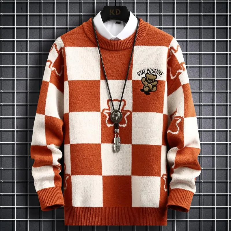 Checkered Pattern with Bear Embroidery Sweater