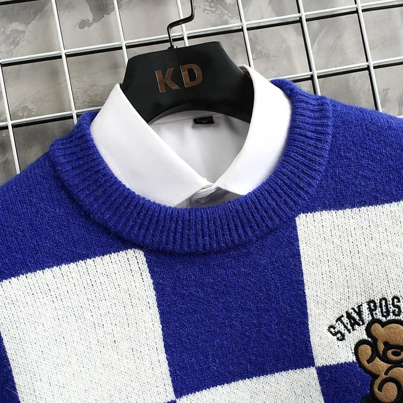 Checkered Pattern with Bear Embroidery Sweater