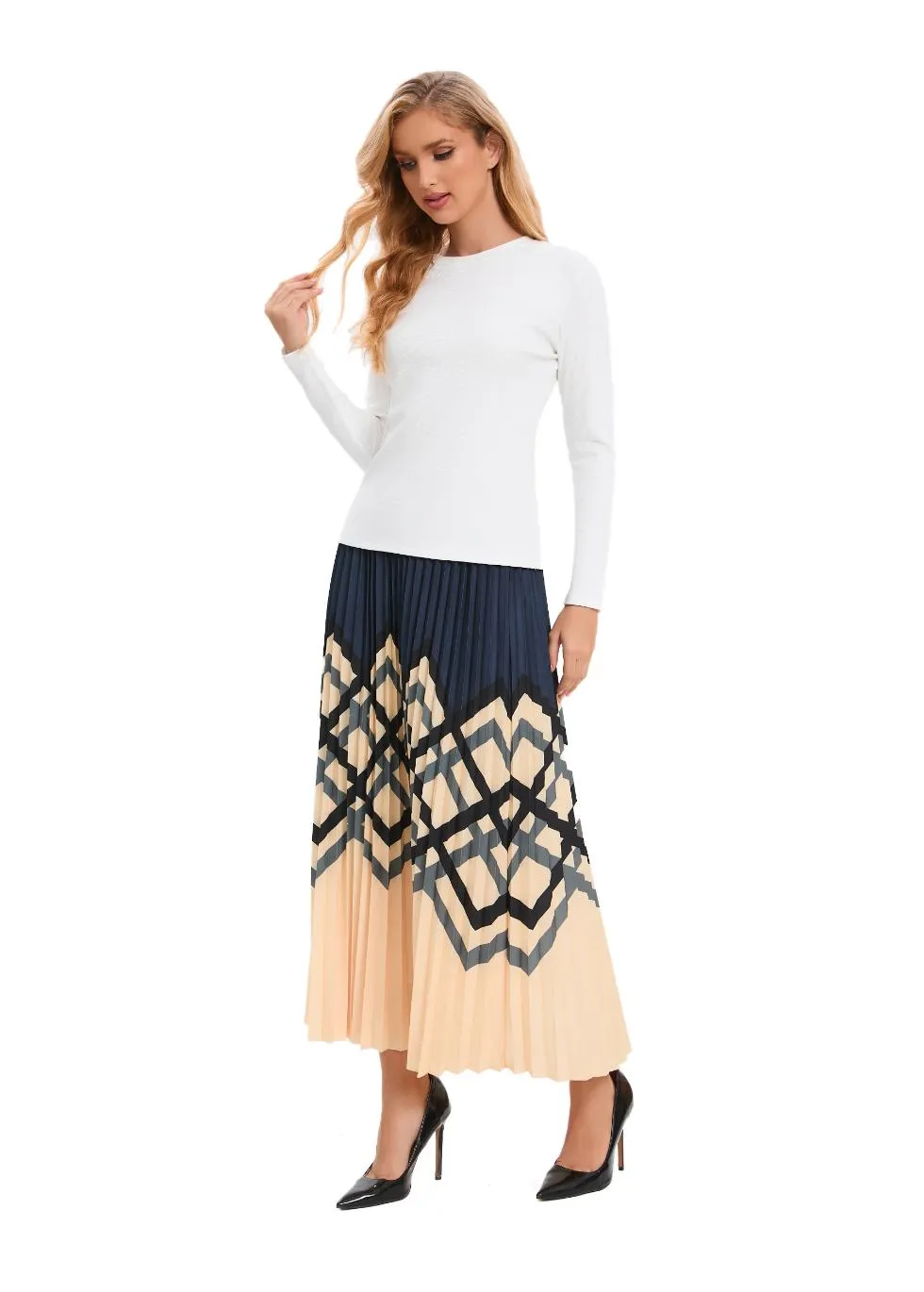 Chic Print Elastic Pleated Midi Skirt