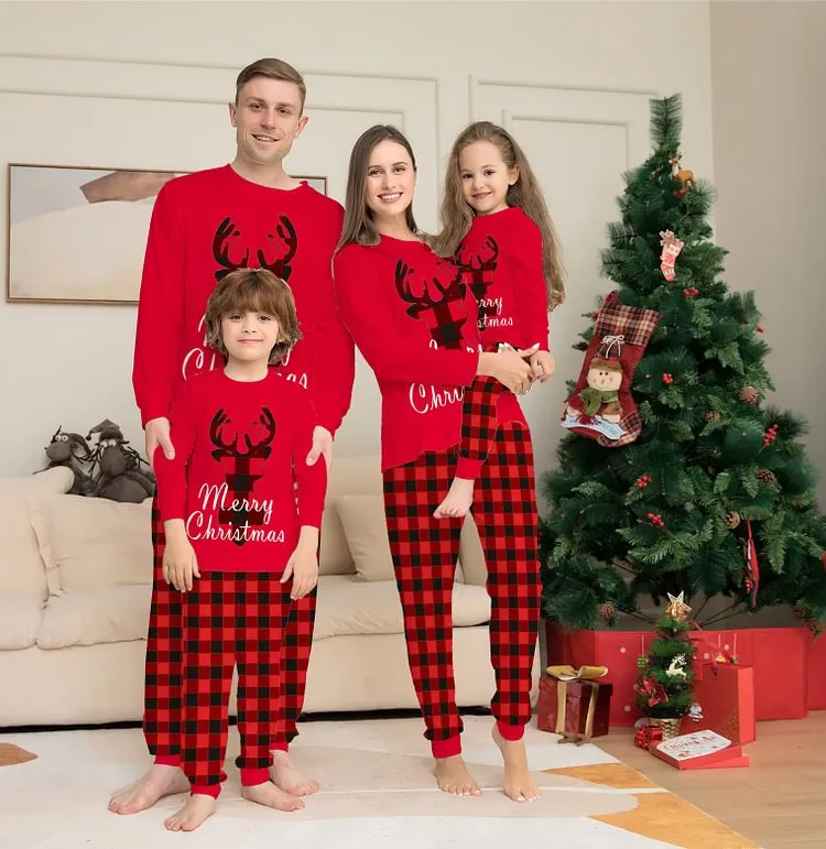 Christmas Holiday Parent-Child Casual Plaid Set with Elk Monogramming