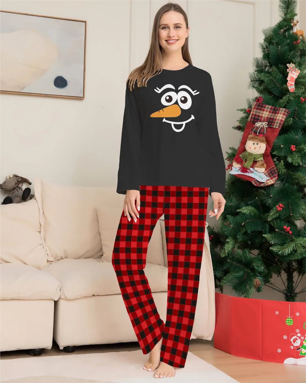 Christmas Plaid Round Neck Family Pajamas with Snowman Print