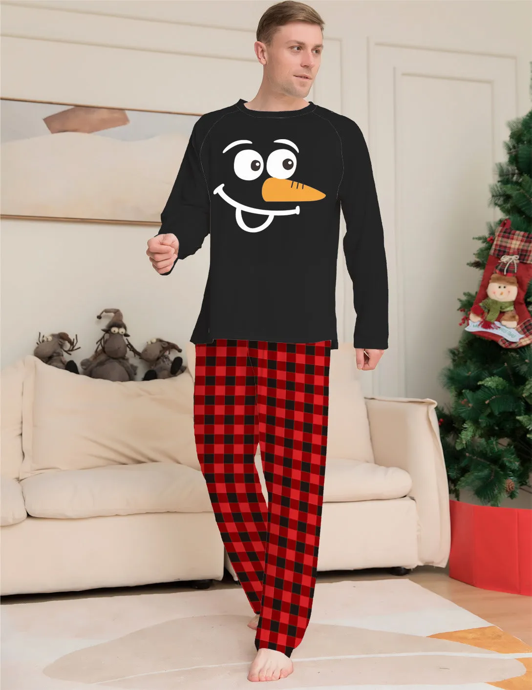 Christmas Plaid Round Neck Family Pajamas with Snowman Print