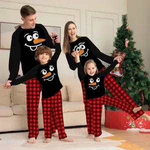 Christmas Plaid Round Neck Family Pajamas with Snowman Print