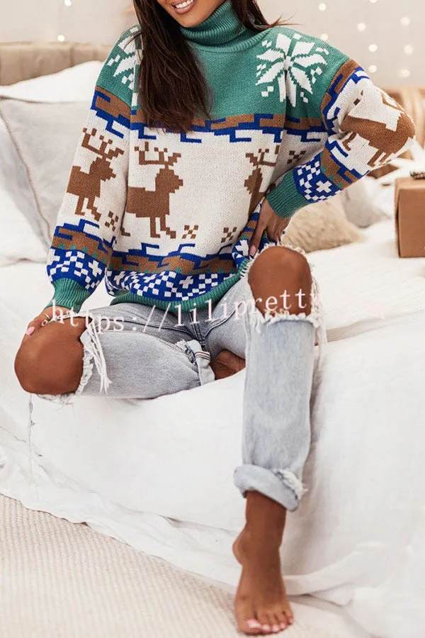 Christmas Reindeer Turtleneck Knitted Long Sleeved Sweater