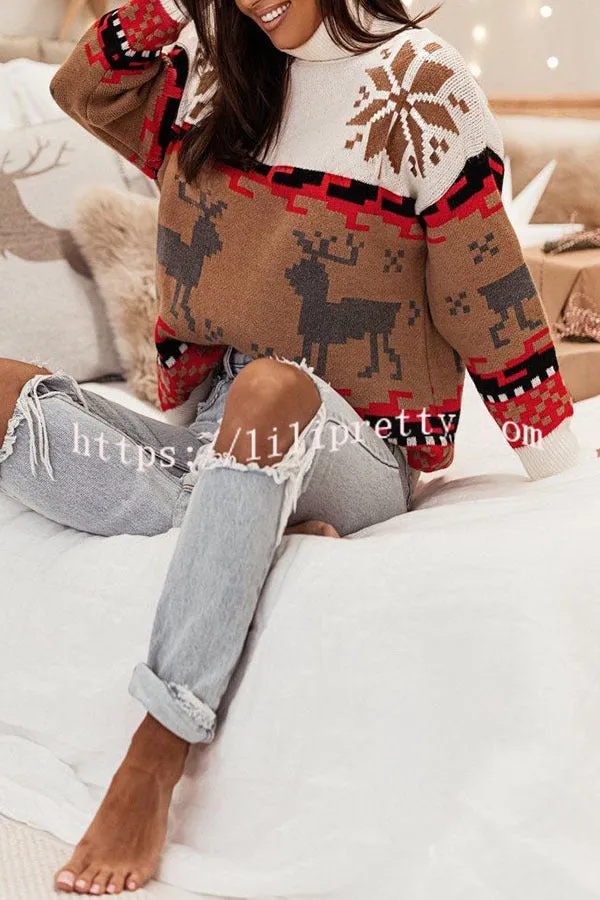 Christmas Reindeer Turtleneck Knitted Long Sleeved Sweater