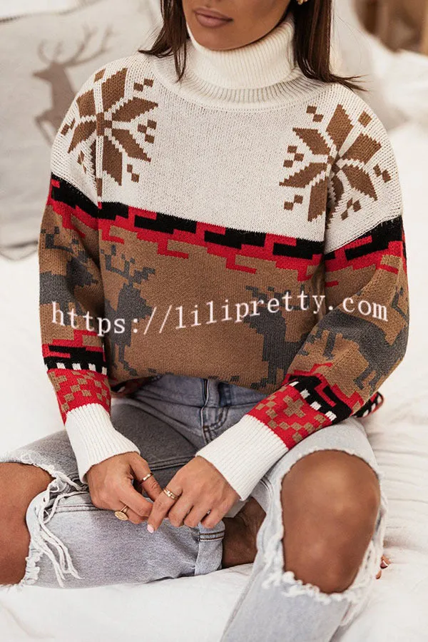 Christmas Reindeer Turtleneck Knitted Long Sleeved Sweater