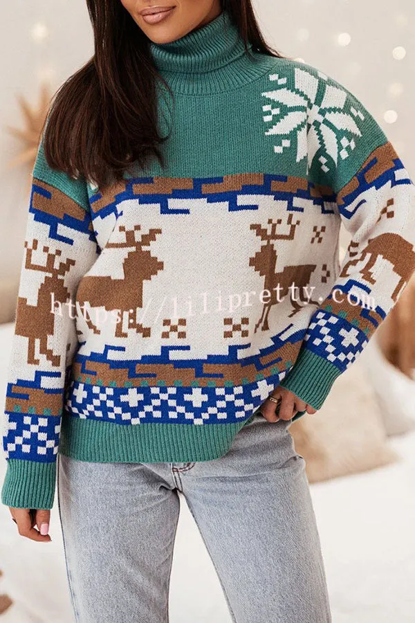 Christmas Reindeer Turtleneck Knitted Long Sleeved Sweater