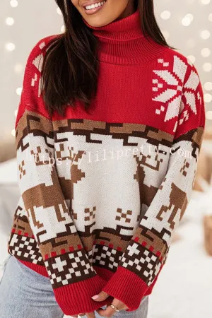 Christmas Reindeer Turtleneck Knitted Long Sleeved Sweater