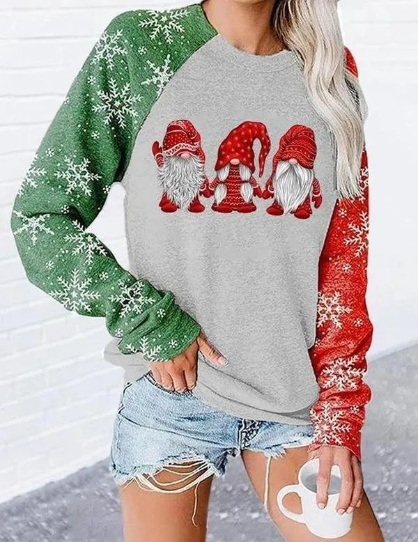 Colorblock Santa print crew neck long sleeve sweater