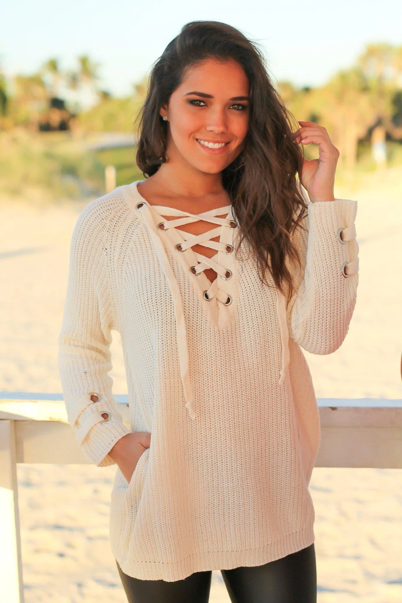 Cream Lace Up Knit Sweater