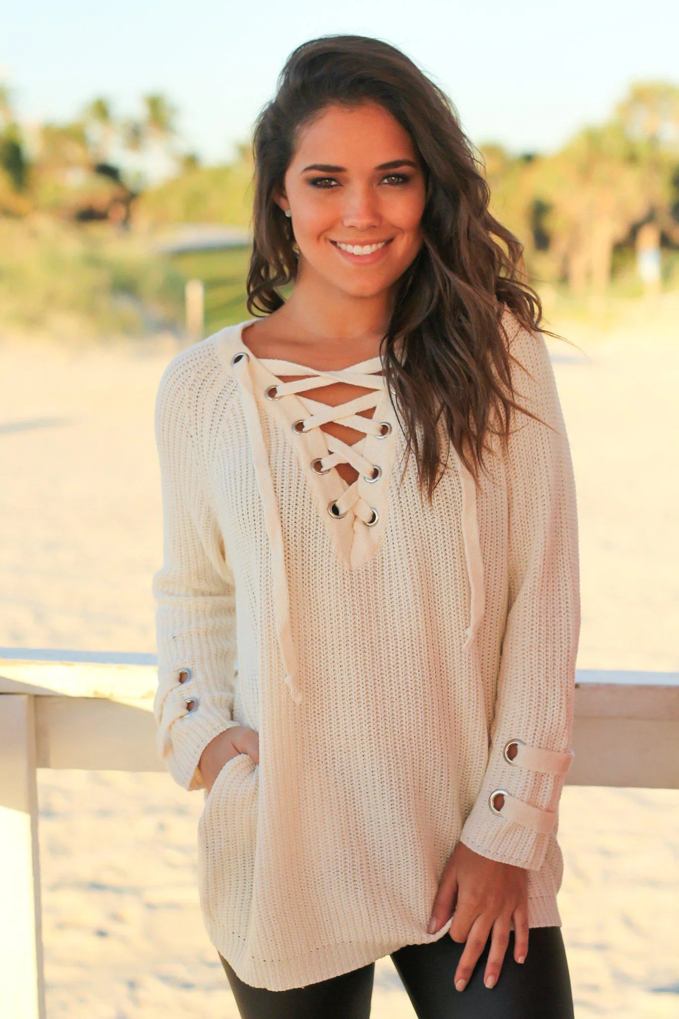 Cream Lace Up Knit Sweater