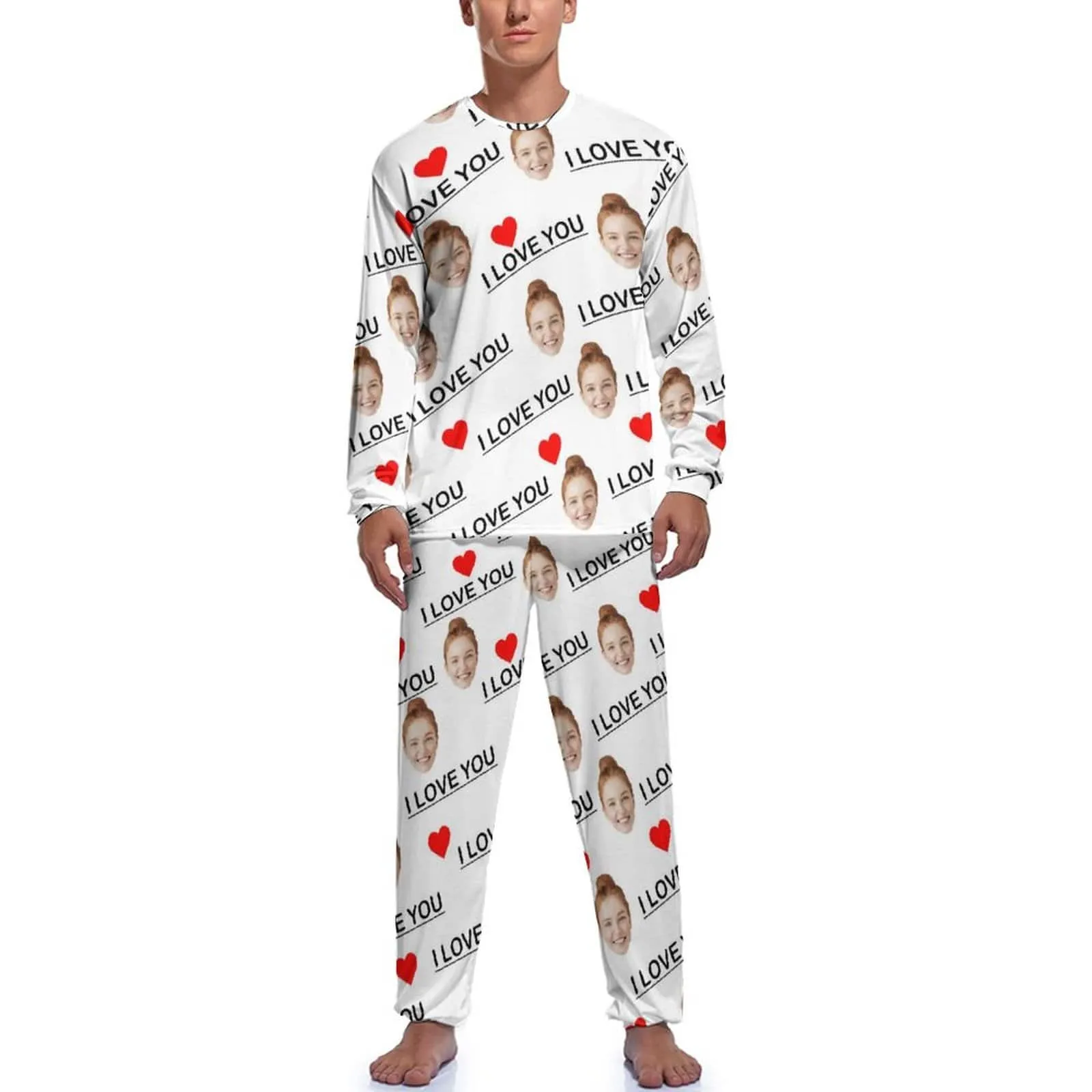 Custom Face Men's Long Sleeve Crewneck Pajamas Set I Love You Personalized Sleepwear Sets