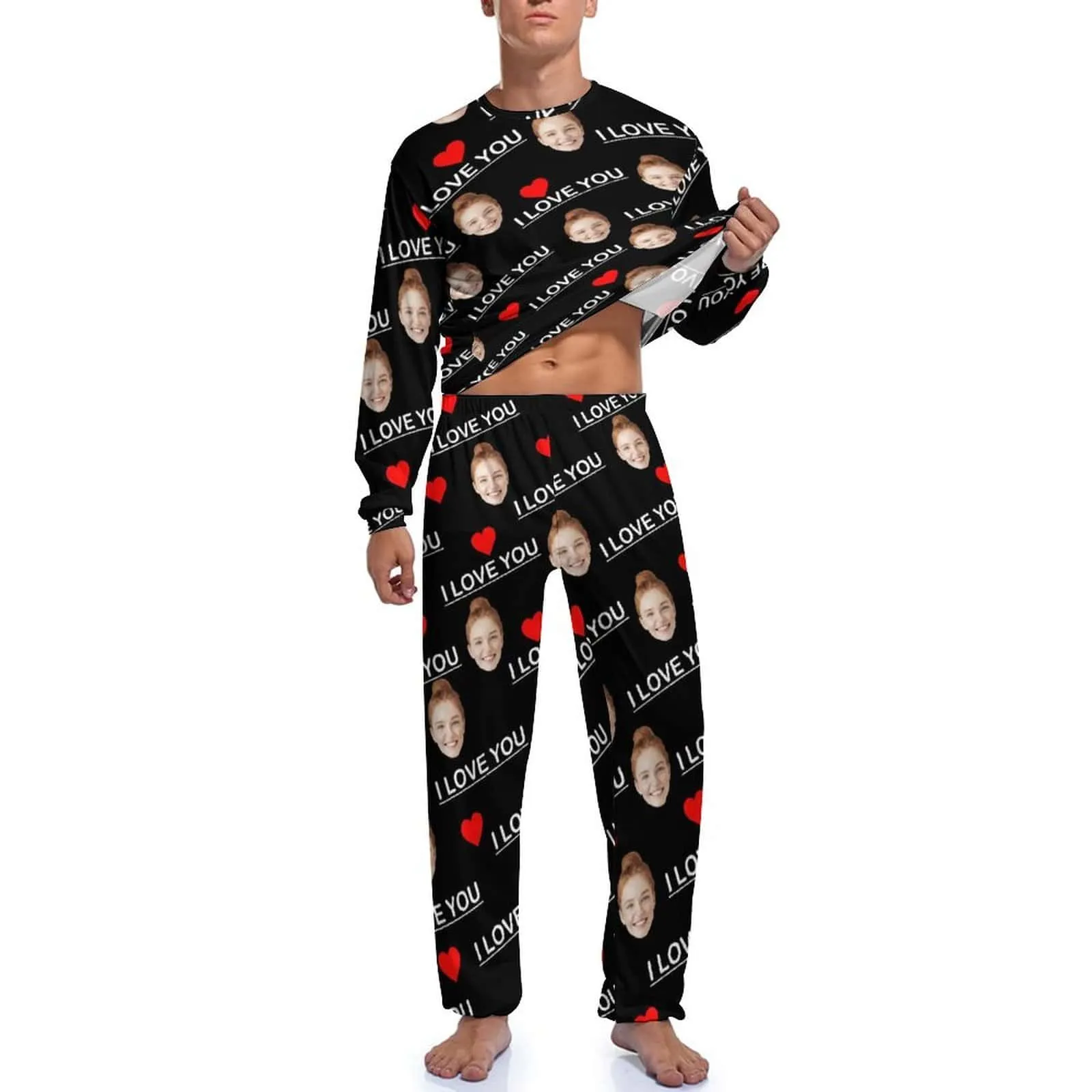 Custom Face Men's Long Sleeve Crewneck Pajamas Set I Love You Personalized Sleepwear Sets