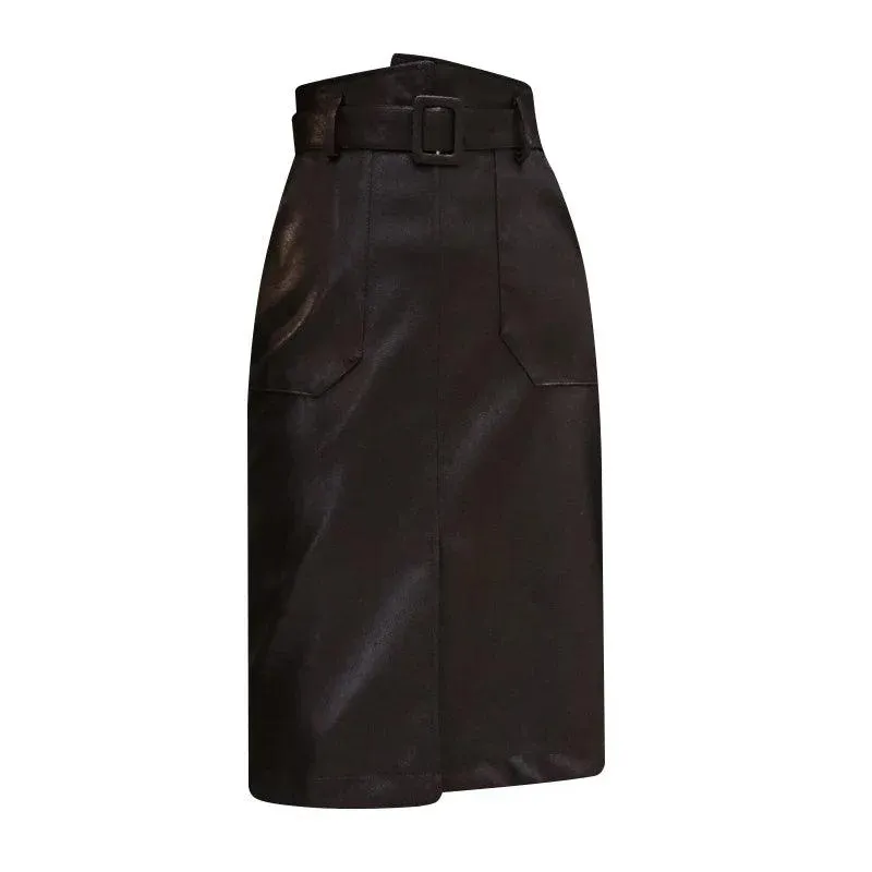 Elegant High-Waisted Faux Leather Midi Skirt for Women's Autumn-Winter Collection