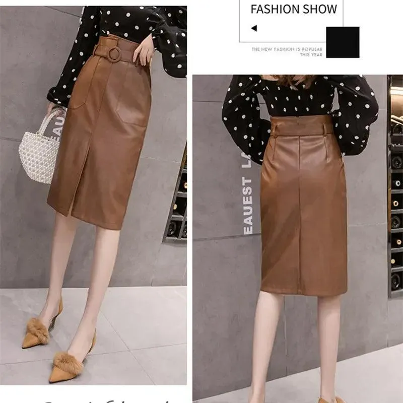 Elegant High-Waisted Faux Leather Midi Skirt for Women's Autumn-Winter Collection