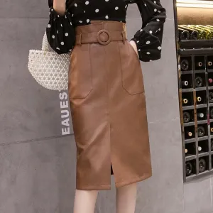 Elegant High-Waisted Faux Leather Midi Skirt for Women's Autumn-Winter Collection