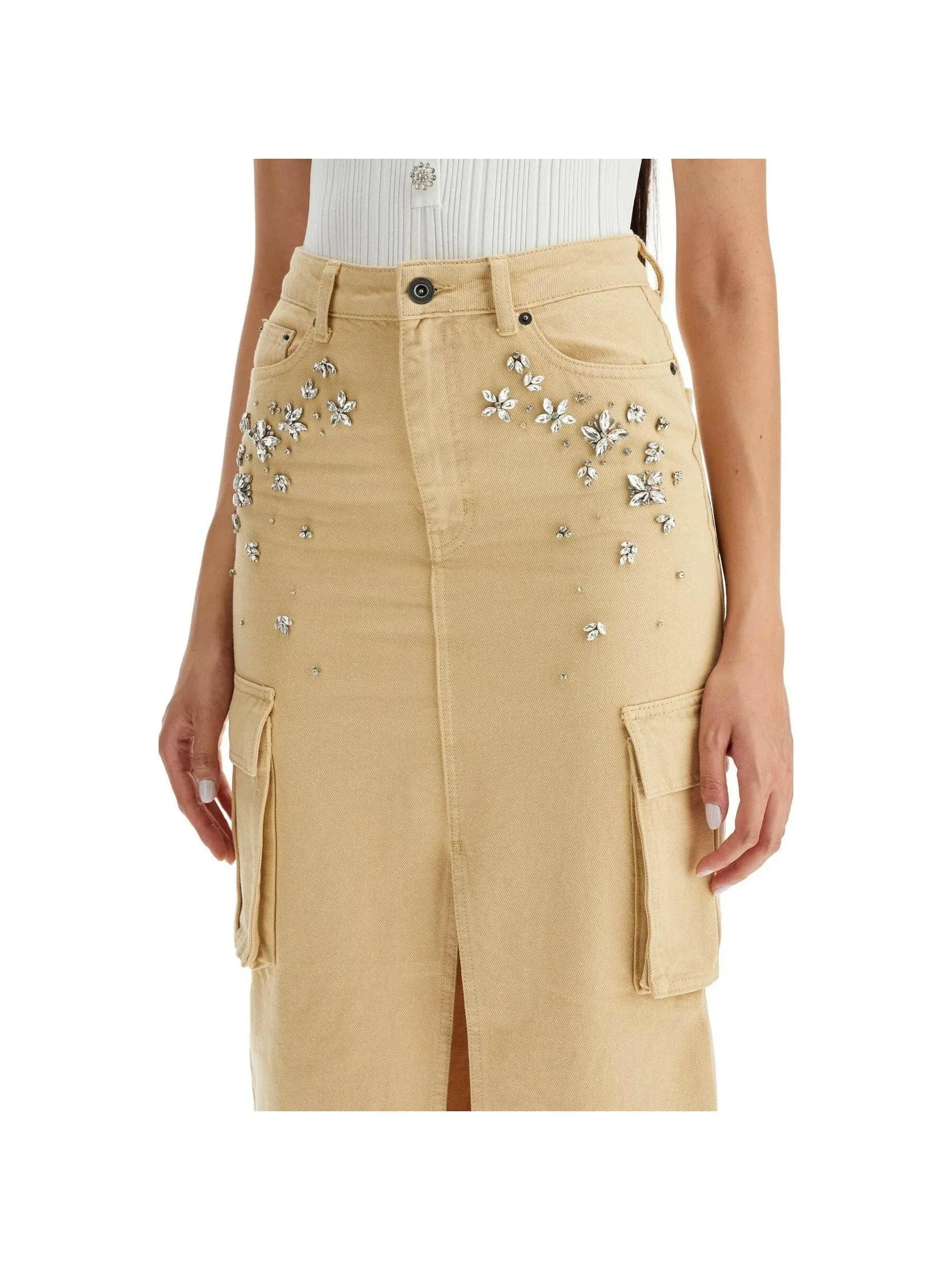 Embellished Denim Cargo Skirt