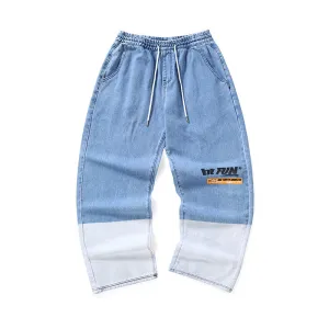 Fade color letter print stretch waistband loose straight leg jeans