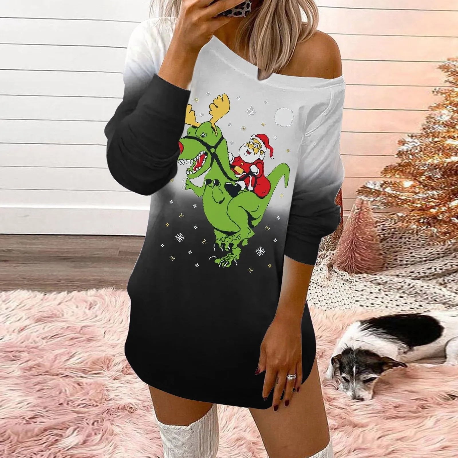 Fashionable christmas printed round neck ladies sweatshirt