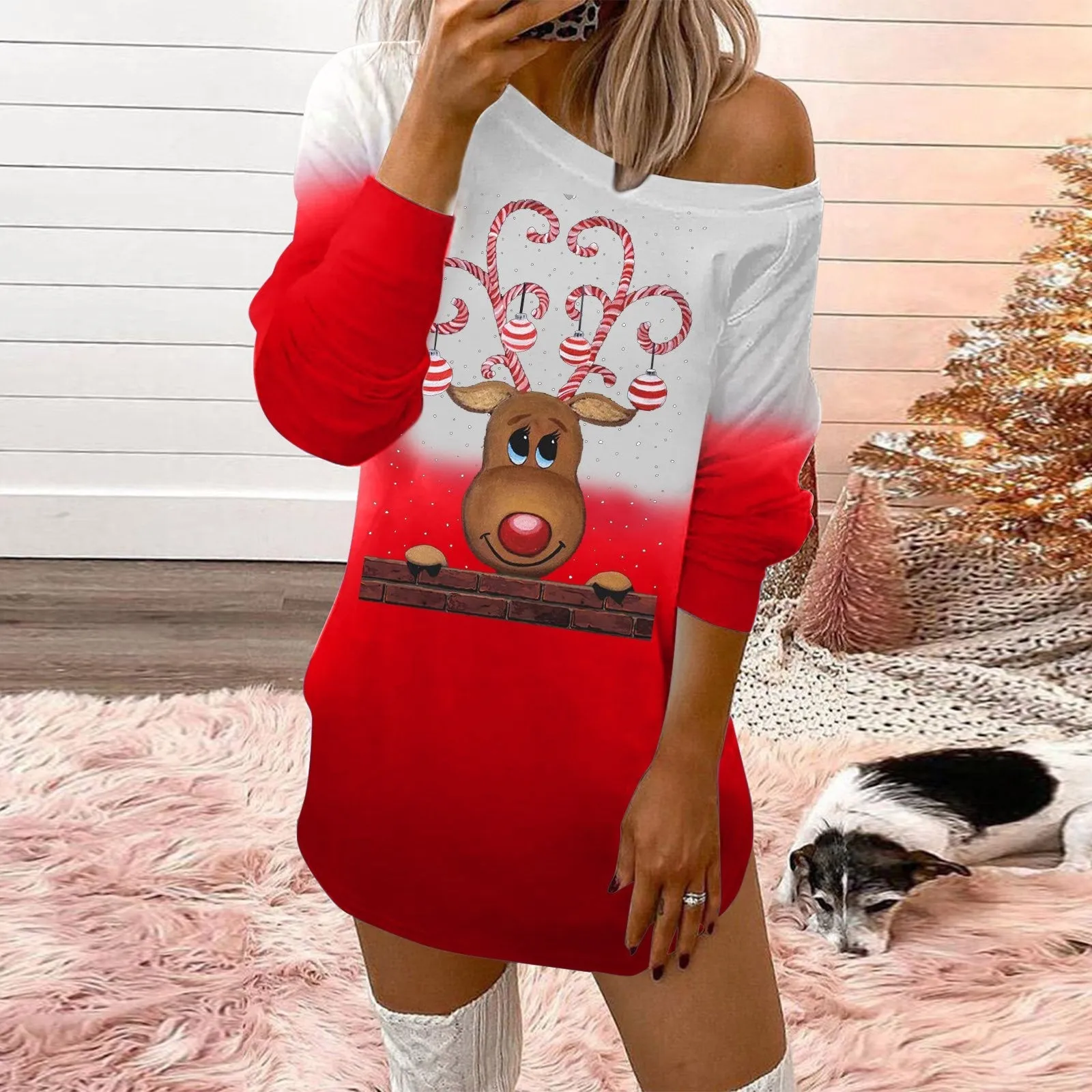 Fashionable christmas printed round neck ladies sweatshirt