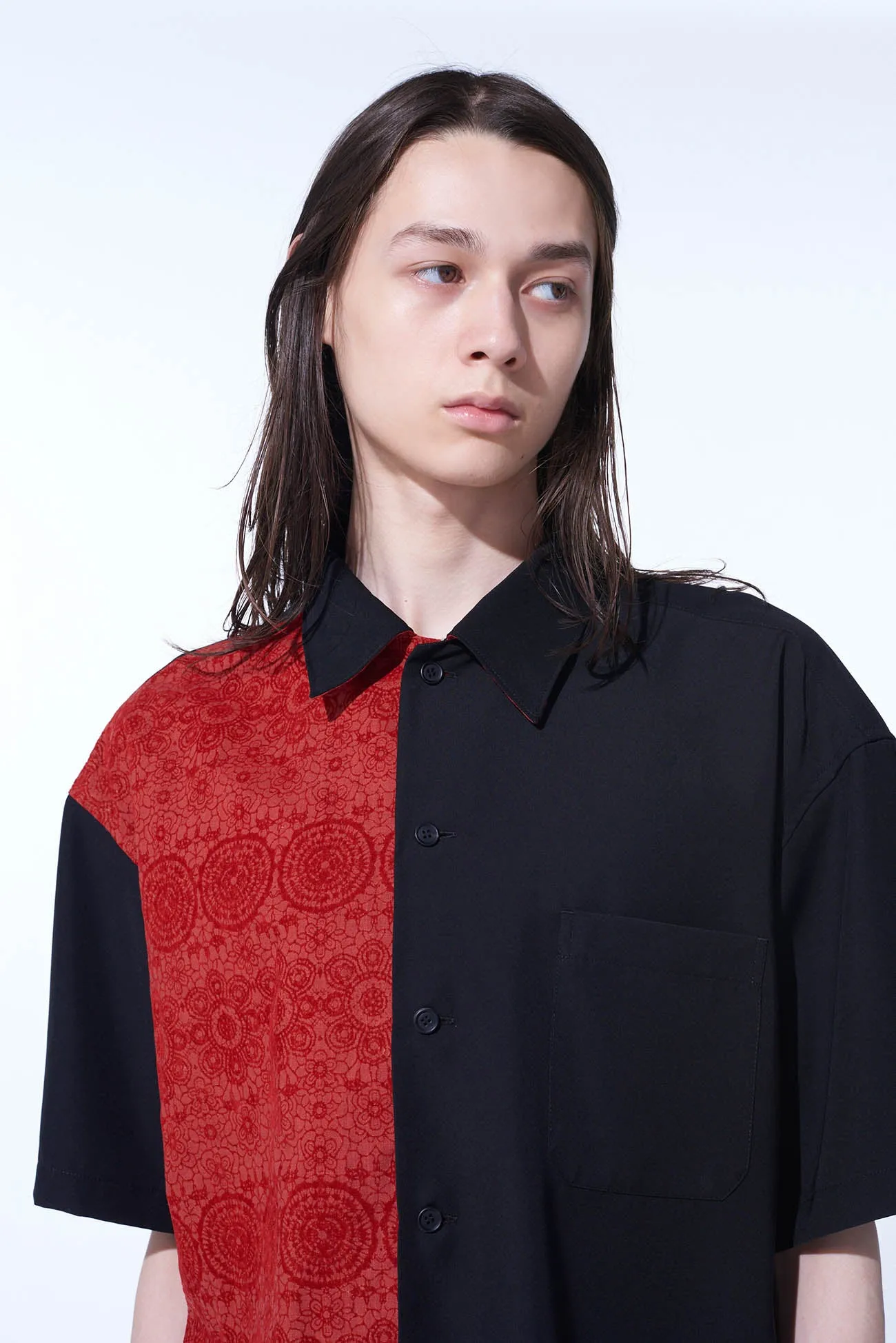 GABARDINE   MURAL LACE FADED FLOCKY LINEN CLOTH OPEN-COLLAR SHIRT